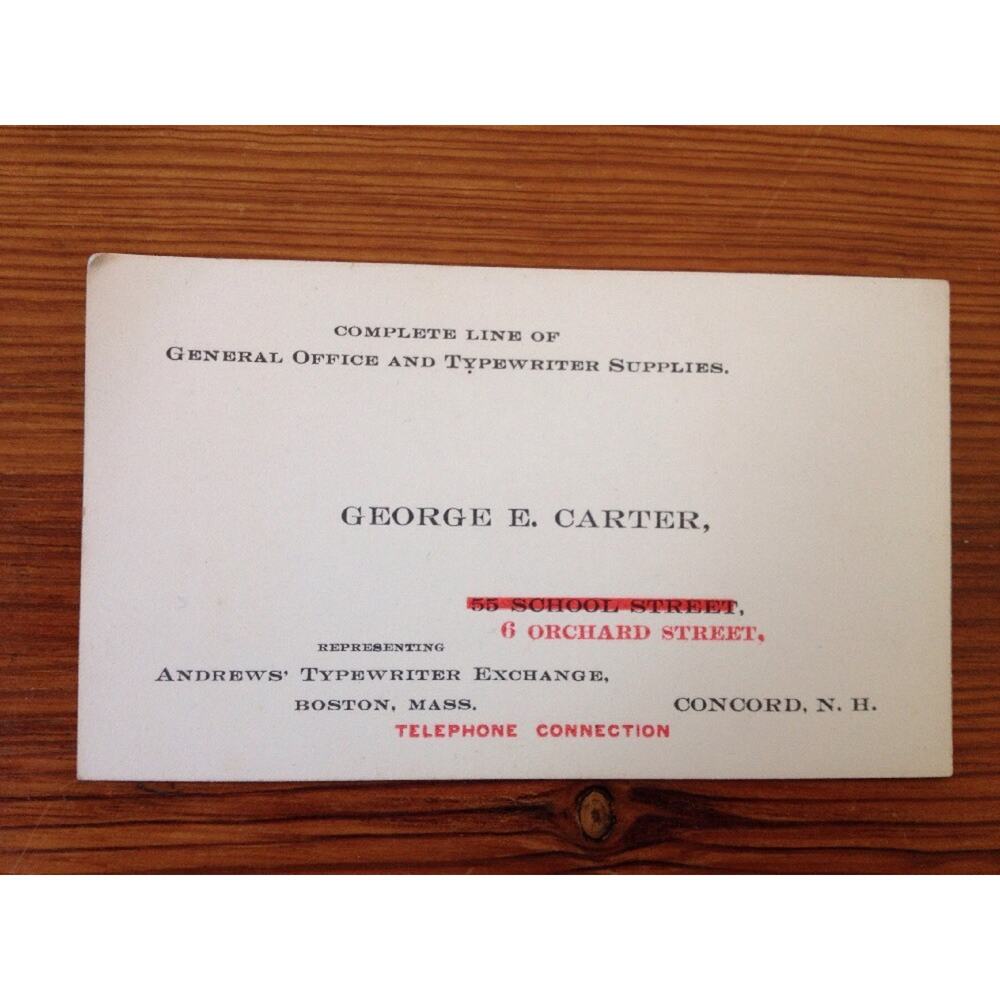Antique Victorian Business Trade Card Concord NH Geo Carter Typewriter 6 Orchard